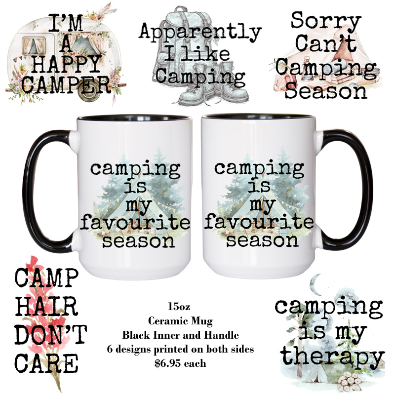 Ceramic Mug Printed 6 Designs OUTDOOR CAMPING Edgy Minimalist BW Watercolour 6 Designs Group 15oz Capacity BLACK Inner & Handle *minimum order 6 mugs* (order in increments of 6)