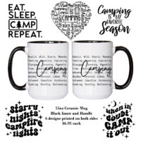 Alternative view of Ceramic Mug Printed 6 Designs OUTDOOR CAMPING Everything Camping BW 6 Designs Group 15oz Capacity BLACK Inner & Handle FREE Namedrop *minimum order 6 mugs* (order in increments of 6)