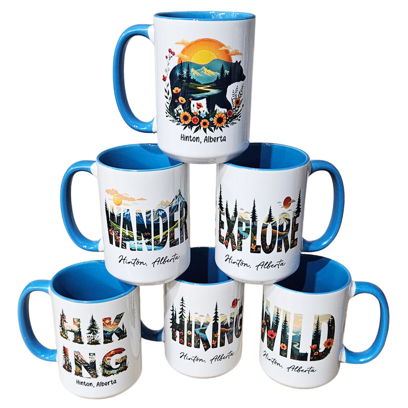 Ceramic Mug Printed 6 Designs OUTDOOR ADVENTURE Hiking Wander Landscape Floral 6 Designs Group 15oz Capacity BLUE Inner & Handle *minimum order 6 mugs* (order in increments of 6)