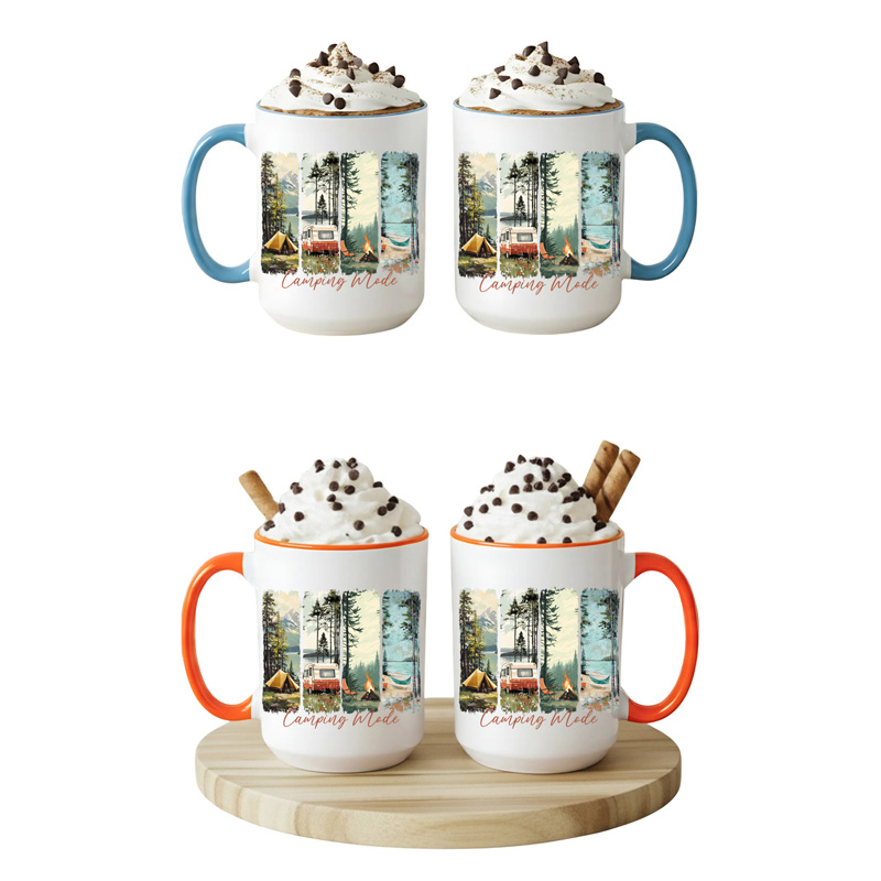 Ceramic Mug Printed 1 Design OUTDOOR CAMPING Camping Mode Artsy Wood Panels 1 Design 15oz Capacity BLUE & ORANGE Inner & Handle *minimum order 6 mugs* (order in increments of 6) - Image 2