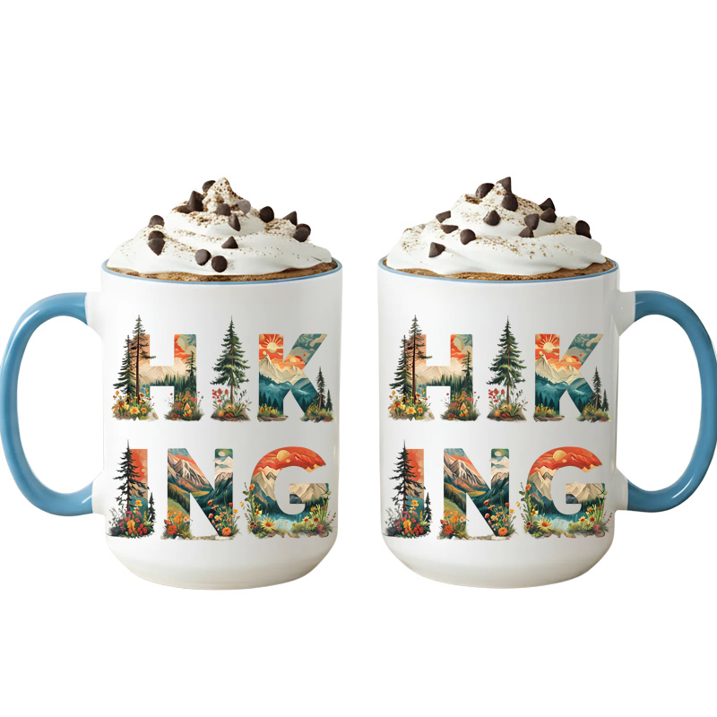 Ceramic Mug Printed 6 Designs OUTDOOR ADVENTURE Hiking Wander Landscape Floral 6 Designs Group 15oz Capacity BLUE Inner & Handle *minimum order 6 mugs* (order in increments of 6) - Image 6