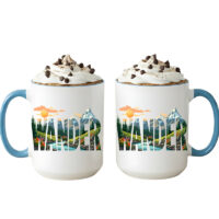 Ceramic Mug Printed 6 Designs OUTDOOR ADVENTURE Hiking Wander Landscape Floral 6 Designs Group 15oz Capacity BLUE Inner & Handle *minimum order 6 mugs* (order in increments of 6) - Image 3