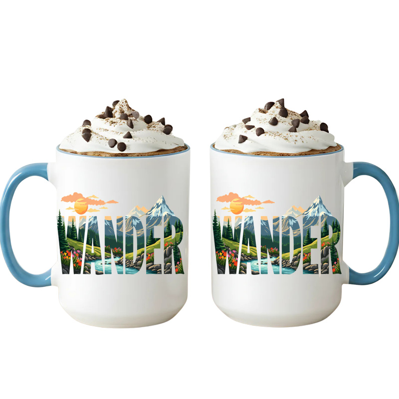 Ceramic Mug Printed 6 Designs OUTDOOR ADVENTURE Hiking Wander Landscape Floral 6 Designs Group 15oz Capacity BLUE Inner & Handle *minimum order 6 mugs* (order in increments of 6) - Image 3
