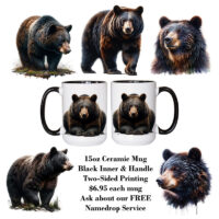 Ceramic Mug Printed 6 Designs WILDLIFE WOODLAND ANIMALS Majestic Black Bear Art 6 Designs Group 15oz Capacity Black Inner & Handle *minimum order 6 mugs* (order in increments of 6)