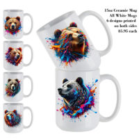 Ceramic Mug Printed 6 Designs WILDLIFE WOODLAND ANIMALS Splatter Paint Bear 6 Designs Group 15oz Capacity *minimum order 6 mugs* (order in increments of 6)