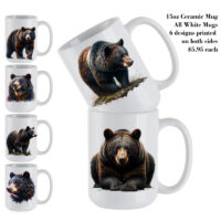 Ceramic Mug Printed 6 Designs WILDLIFE WOODLAND ANIMALS Majestic Black Bear Art 6 Designs Group 15oz Capacity *minimum order 6 mugs* (order in increments of 6)