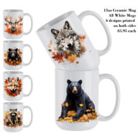 Ceramic Mug Printed 6 Designs WILDLIFE WOODLAND ANIMALS MAPLE LEAVES 6 Designs GROUP A 15oz Capacity *minimum order 6 mugs* (order in increments of 6)