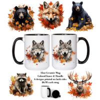 Ceramic Mug Printed 6 Designs WILDLIFE WOODLAND ANIMALS MAPLE LEAVES 6 Designs GROUP A 15oz Capacity Black Inner & Handle *minimum order 6 mugs* (order in increments of 6)