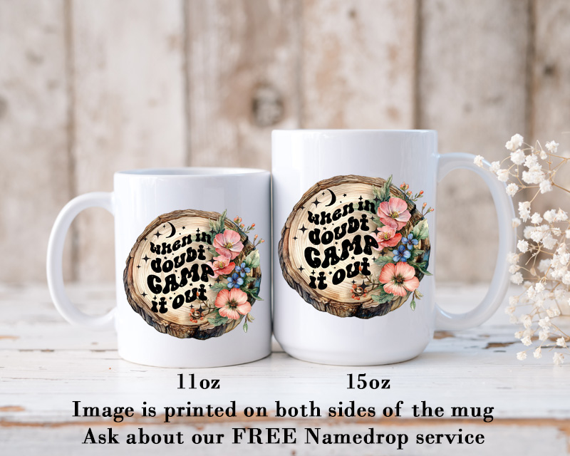 Ceramic Mug Printed 6 Designs OUTDOOR CAMPING Wood Slice with Flowers Group 11oz Capacity *minimum order 6 mugs* (order in increments of 6) - Image 2