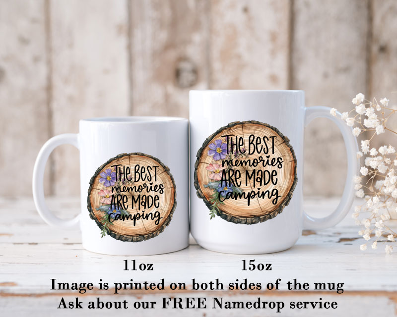 Ceramic Mug Printed 6 Designs OUTDOOR CAMPING Wood Slice with Flowers Group 11oz Capacity *minimum order 6 mugs* (order in increments of 6) - Image 3
