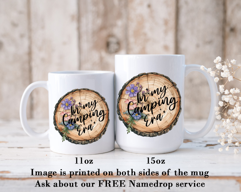 Ceramic Mug Printed 6 Designs OUTDOOR CAMPING Wood Slice with Flowers Group 11oz Capacity *minimum order 6 mugs* (order in increments of 6) - Image 4