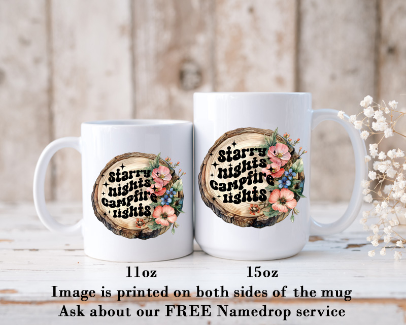 Ceramic Mug Printed 6 Designs OUTDOOR CAMPING Wood Slice with Flowers Group 11oz Capacity *minimum order 6 mugs* (order in increments of 6) - Image 9