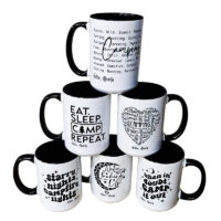 Ceramic Mug Printed 6 Designs OUTDOOR CAMPING Everything Camping BW 6 Designs Group 15oz Capacity BLACK Inner & Handle FREE Namedrop *minimum order 6 mugs* (order in increments of 6)