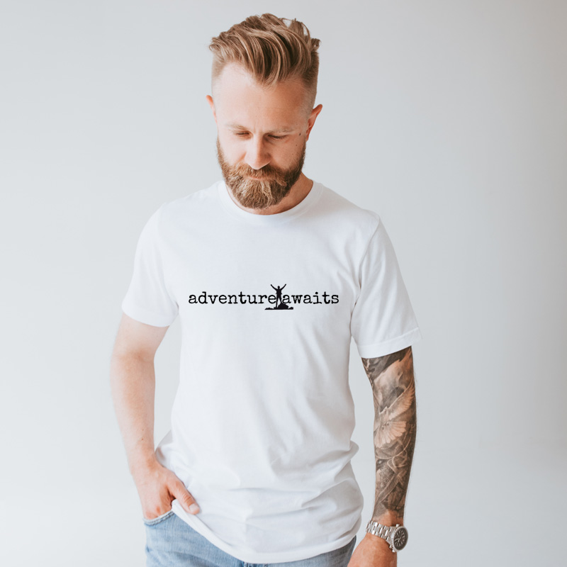 Tee Shirt Printed Adventure Designs - OUTDOOR HIKING Edgy Minimalist Adventure Awaits with Hiker Man Imagery - Image 2