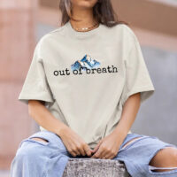 Tee Shirt Printed Adventure Designs - OUTDOOR HIKING Edgy Minimalist Out of Breath with Mountain Range Imagery