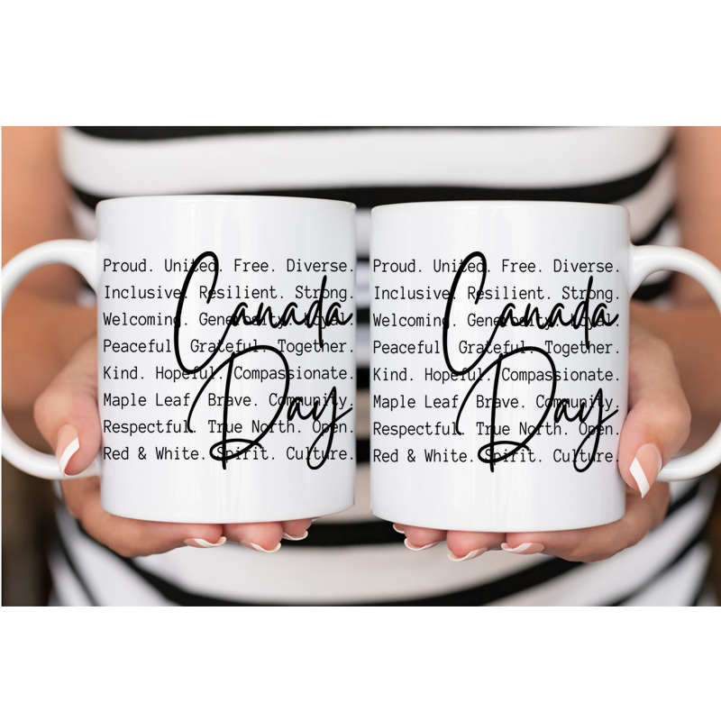 Ceramic Mug Printed 1 Design Canada Day BW National Identity Iconic Words 11oz Capacity *minimum order 6 mugs* (order in increments of 6)