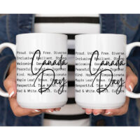 Ceramic Mug Printed 1 Design Canada Day BW National Identity Iconic Words 15oz Capacity *minimum order 6 mugs* (order in increments of 6)
