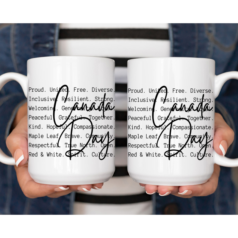 Ceramic Mug Printed 1 Design Canada Day BW National Identity Iconic Words 15oz Capacity *minimum order 6 mugs* (order in increments of 6)