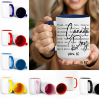 Ceramic Mug Printed 1 Design Canada Day BW National Identity Iconic Words 15oz Capacity Coloured Inner & Handle (You Pick!) *minimum order 6 mugs* (order in increments of 6)