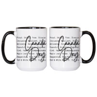 Alternative view of Ceramic Mug Printed 1 Design Canada Day BW National Identity Iconic Words 15oz Capacity Coloured Inner & Handle (You Pick!) *minimum order 6 mugs* (order in increments of 6)