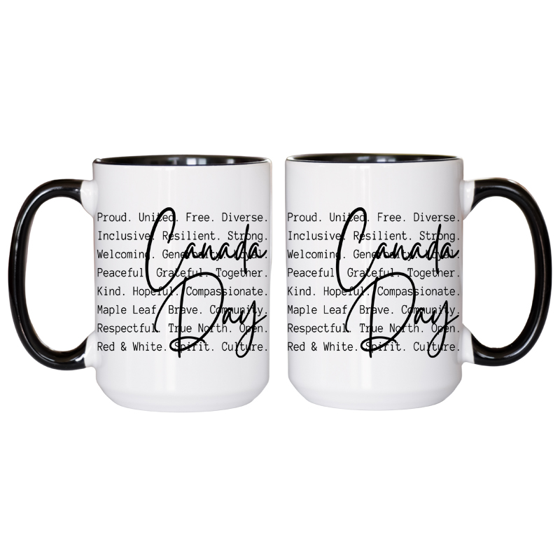 Ceramic Mug Printed 1 Design Canada Day BW National Identity Iconic Words 15oz Capacity Coloured Inner & Handle (You Pick!) *minimum order 6 mugs* (order in increments of 6) - Image 2