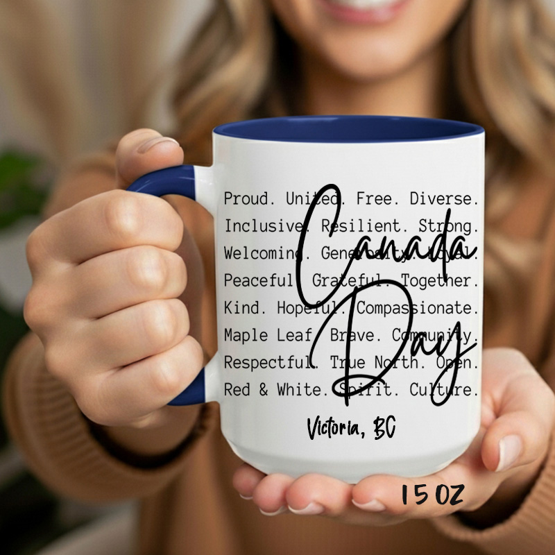 Ceramic Mug Printed 1 Design Canada Day BW National Identity Iconic Words 15oz Capacity Coloured Inner & Handle (You Pick!) *minimum order 6 mugs* (order in increments of 6) - Image 3