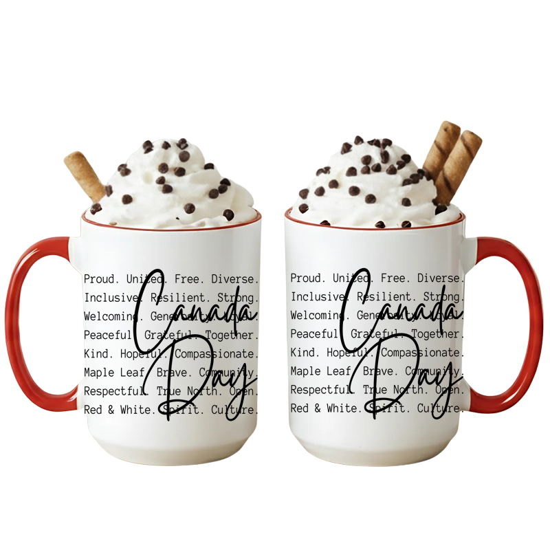 Ceramic Mug Printed 1 Design Canada Day BW National Identity Iconic Words 15oz Capacity Red Inner & Handle *minimum order 6 mugs* (order in increments of 6) - Image 2