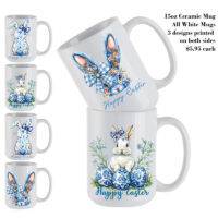 Ceramic Mug Printed Easter Blue Coquette Easter Bunnies 15oz Capacity 3 Designs *minimum order 6 units* (order in increments of 6)