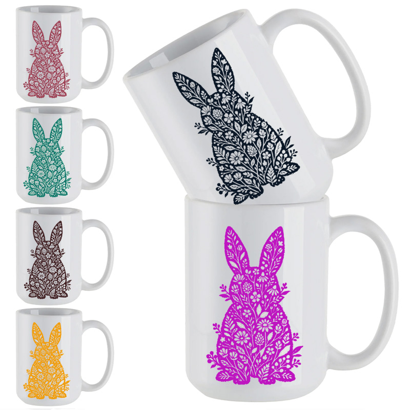 Ceramic Mug Printed Easter Botanical Easter Bunny Outline Assorted Colours 15oz Capacity 6 Designs *minimum order 6 units* (order in increments of 6)