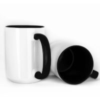 Sublimation Blank - Unprinted Ceramic Mug Shiny White with Black Inner & Handle 15 oz Capacity (Printed Mugs $6.95 each) *minimum order one tray of 12 mugs*
