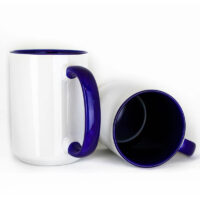 Sublimation Blank - Unprinted Ceramic Mug Shiny White with Navy Blue Inner & Handle 15 oz Capacity (Printed Mugs $6.95 each) *minimum order one tray of 12 mugs*