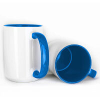 Sublimation Blank - Unprinted Ceramic Mug Shiny White with Blue Inner & Handle 15 oz Capacity (Printed Mugs $6.95 each) *minimum order one tray of 12 mugs*