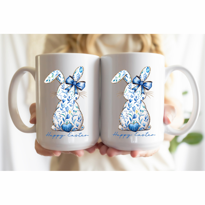 Ceramic Mug Printed Easter Blue Coquette Easter Bunnies 15oz Capacity 3 Designs *minimum order 6 units* (order in increments of 6) - Image 3
