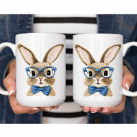 Alternative view of Ceramic Mug Printed Easter Faux Stitched Bespectacled Bunny and Bunny Ears 15 oz Capacity 6 Designs *minimum order 6 units* (order in increments of 6)