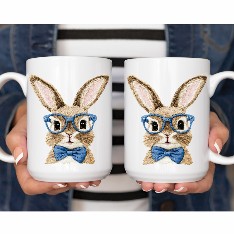 Ceramic Mug Printed Easter Faux Stitched Bespectacled Bunny and Bunny Ears 15 oz Capacity 6 Designs *minimum order 6 units* (order in increments of 6) - Image 2