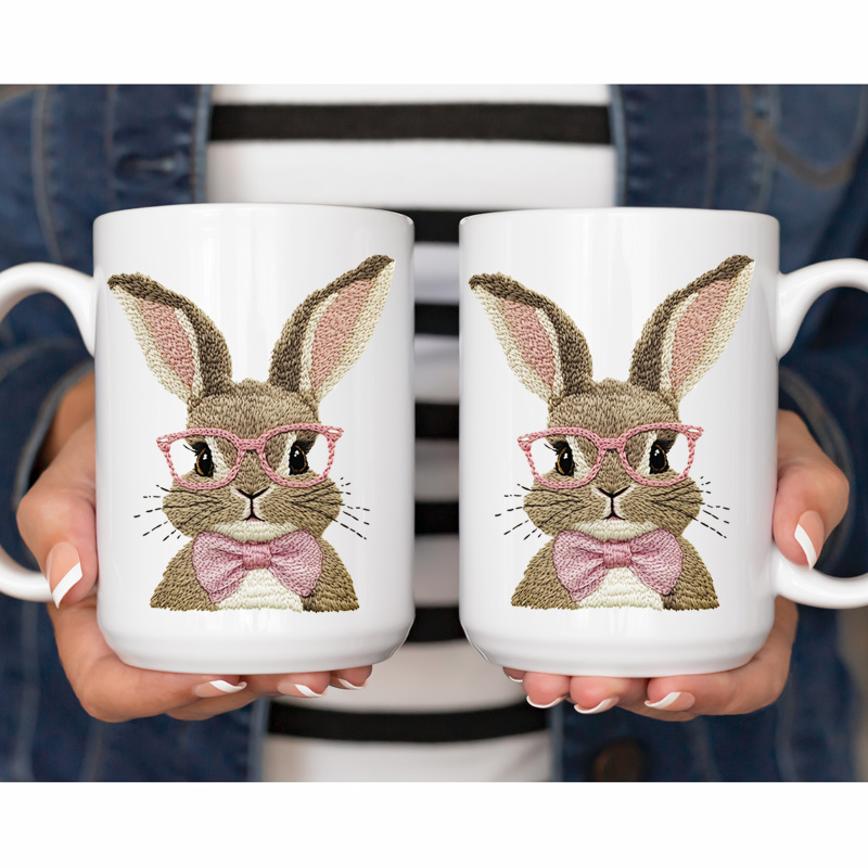 Ceramic Mug Printed Easter Faux Stitched Bespectacled Bunny and Bunny Ears 15 oz Capacity 6 Designs *minimum order 6 units* (order in increments of 6) - Image 4