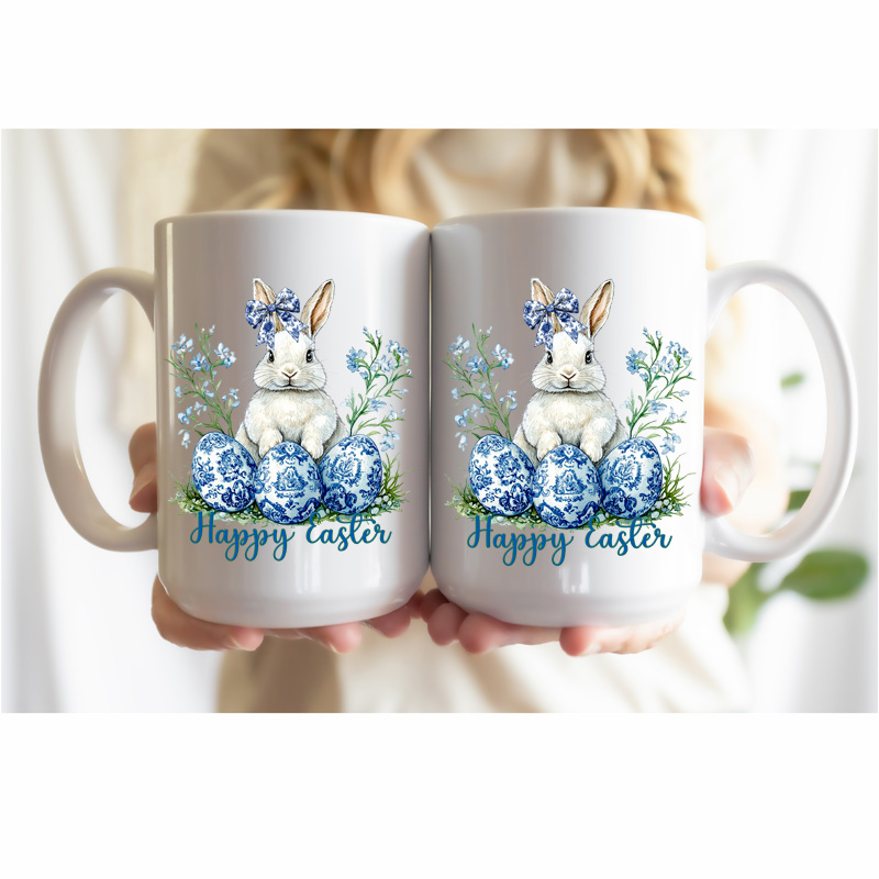 Ceramic Mug Printed Easter Blue Coquette Easter Bunnies 15oz Capacity 3 Designs *minimum order 6 units* (order in increments of 6) - Image 2