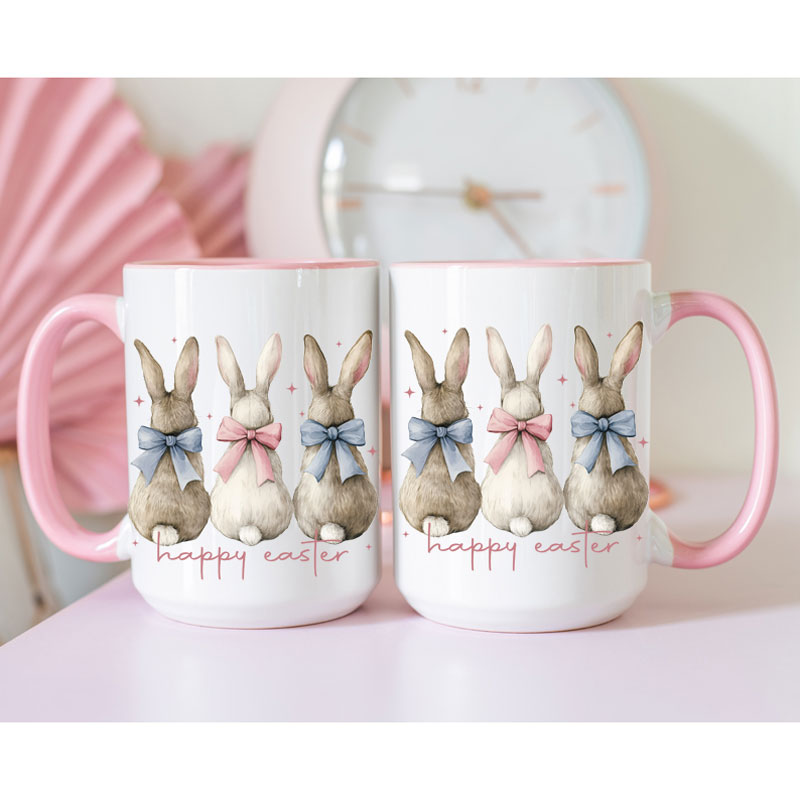 Ceramic Mug Printed Easter Three Easter Bunnies Back Profile Contemporary 15 oz Capacity 6 Designs Colored Inner & Handle (You Pick) *minimum order 6 units* (order in increments of 6) - Image 10