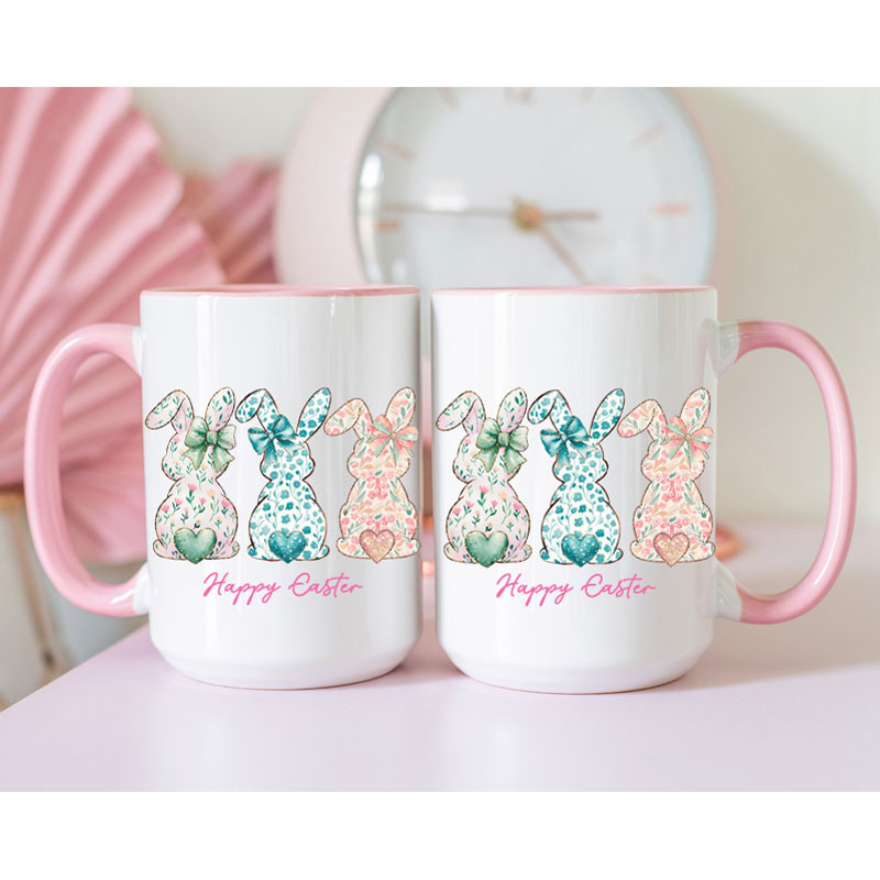 Ceramic Mug Printed Easter Three Easter Bunnies Back Profile Contemporary 15 oz Capacity 6 Designs Colored Inner & Handle (You Pick) *minimum order 6 units* (order in increments of 6) - Image 5