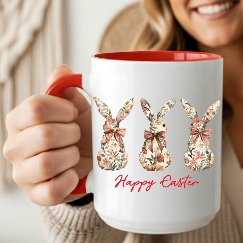 Ceramic Mug Printed Easter Three Easter Bunnies Back Profile Contemporary 15 oz Capacity 6 Designs Colored Inner & Handle (You Pick) *minimum order 6 units* (order in increments of 6) - Image 4