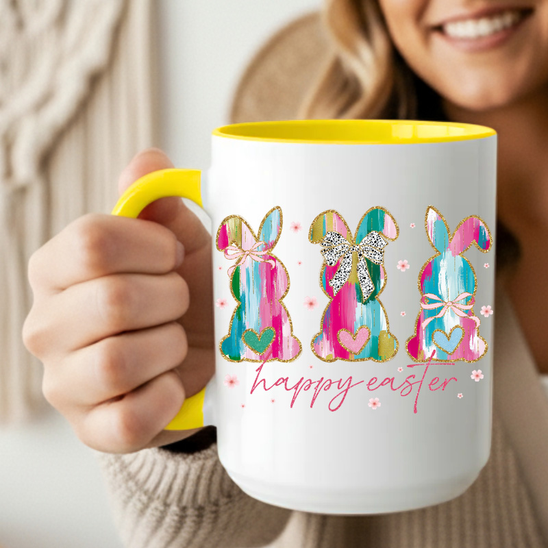 Ceramic Mug Printed Easter Three Easter Bunnies Back Profile Contemporary 15 oz Capacity 6 Designs Colored Inner & Handle (You Pick) *minimum order 6 units* (order in increments of 6) - Image 3