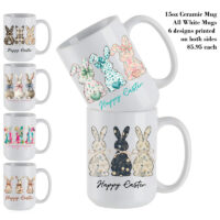 Ceramic Mug Printed Easter Three Easter Bunnies Back Profile Contemporary 15 oz Capacity 6 Designs *minimum order 6 units* (order in increments of 6)