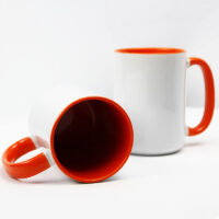 Sublimation Blank - Unprinted Ceramic Mug Shiny White with Orange Inner & Handle 15 oz Capacity (Printed Mugs $6.95 each) *minimum order one tray of 12 mugs*