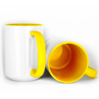 Sublimation Blank - Unprinted Ceramic Mug Shiny White with Yellow Inner & Handle 15 oz Capacity (Printed Mugs $6.95 each) *minimum order one tray of 12 mugs*
