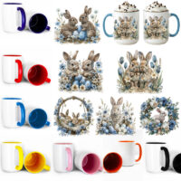 Ceramic Mug Printed Easter Blue Farmhouse Easter Bunnies 6 Designs 15 oz Capacity 6 Designs Colored Inner & Handle (You Pick) *minimum order 6 units* (order in increments of 6)