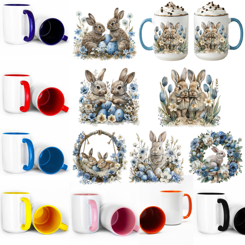 Ceramic Mug Printed Easter Blue Farmhouse Easter Bunnies 6 Designs 15 oz Capacity 6 Designs Colored Inner & Handle (You Pick) *minimum order 6 units* (order in increments of 6)