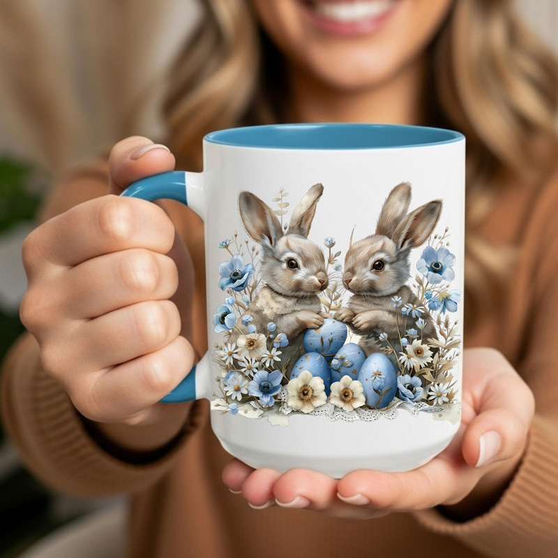 Ceramic Mug Printed Easter Blue Farmhouse Easter Bunnies 6 Designs 15 oz Capacity 6 Designs Colored Inner & Handle (You Pick) *minimum order 6 units* (order in increments of 6) - Image 4