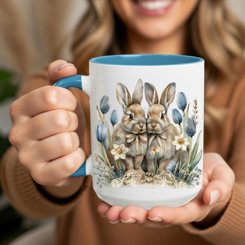 Ceramic Mug Printed Easter Blue Farmhouse Easter Bunnies 6 Designs 15 oz Capacity 6 Designs Colored Inner & Handle (You Pick) *minimum order 6 units* (order in increments of 6) - Image 3