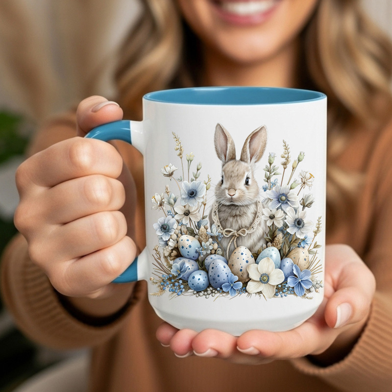 Ceramic Mug Printed Easter Blue Farmhouse Easter Bunnies 6 Designs 15 oz Capacity 6 Designs Colored Inner & Handle (You Pick) *minimum order 6 units* (order in increments of 6) - Image 2