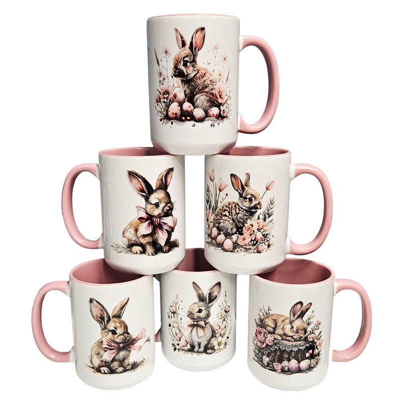 Ceramic Mug Printed Easter Pink Farmhouse Pink Easter Bunnies 15 oz Capacity 6 Designs Colored Inner & Handle (You Pick) *minimum order 6 units* (order in increments of 6) - Image 3